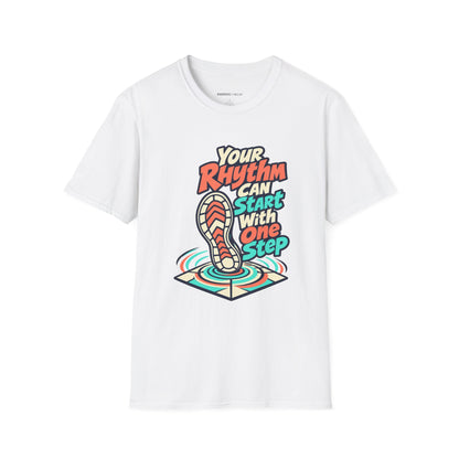 Graphic fitness T-shirt featuring the "Your Rhythm Can Start With One Step" design.