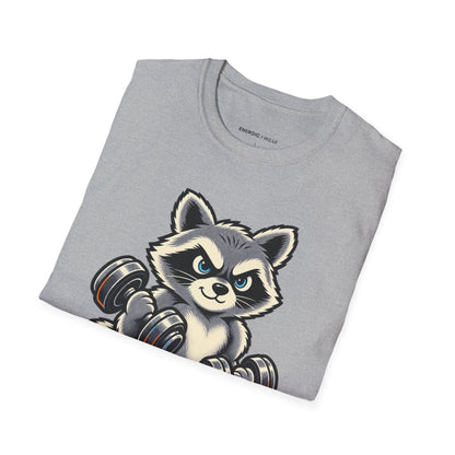 Graphic fitness T-shirt featuring the "Muscular Raccoon" design.