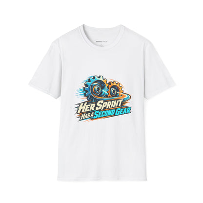Graphic fitness T-shirt featuring the "Her Sprint Has a Second Gear" design.