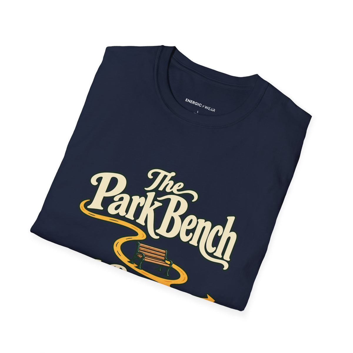 Graphic fitness T-shirt featuring the "The Park Bench Is Part of the Route" design.