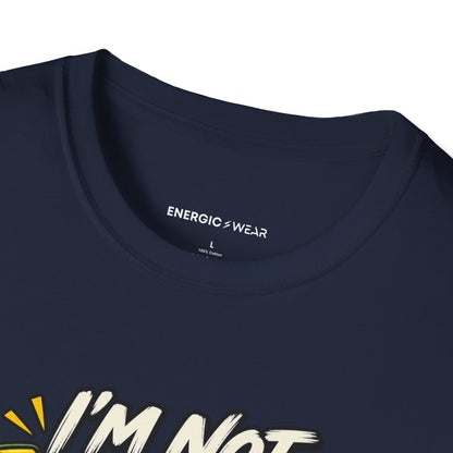 Graphic fitness T-shirt featuring the "I'm Not Lazy, I'm in Energy Saving Mode" design.