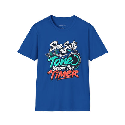 Graphic fitness T-shirt featuring the "She Sets the Tone Before the Timer" design.