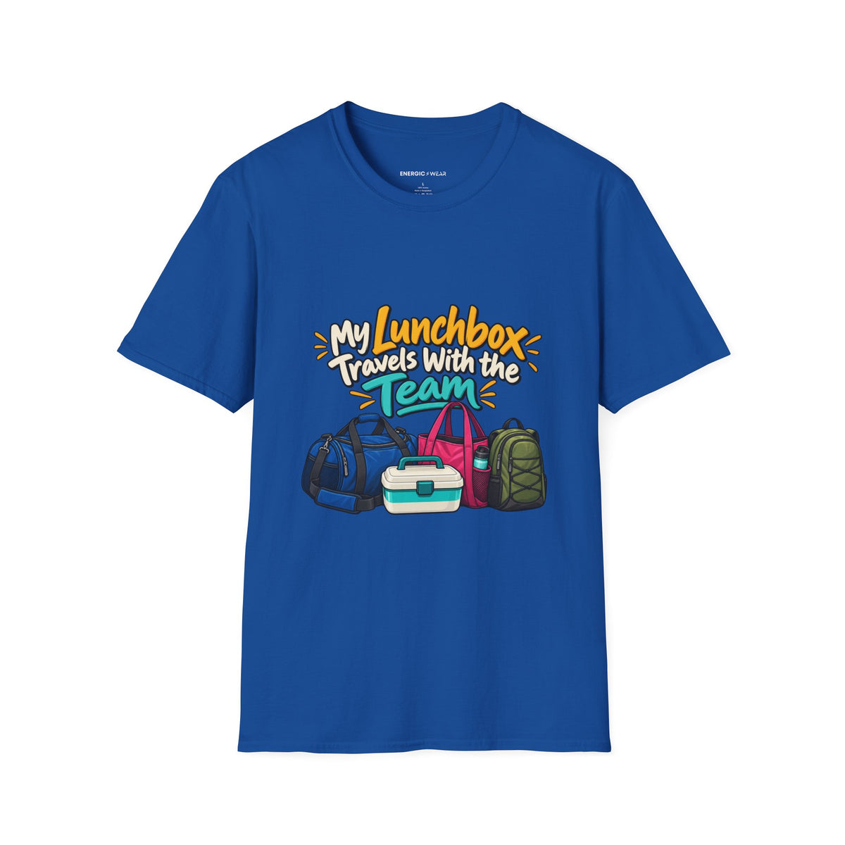 Graphic fitness T-shirt featuring the "My Lunchbox Travels With the Team" design.