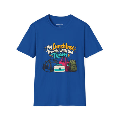 Graphic fitness T-shirt featuring the "My Lunchbox Travels With the Team" design.