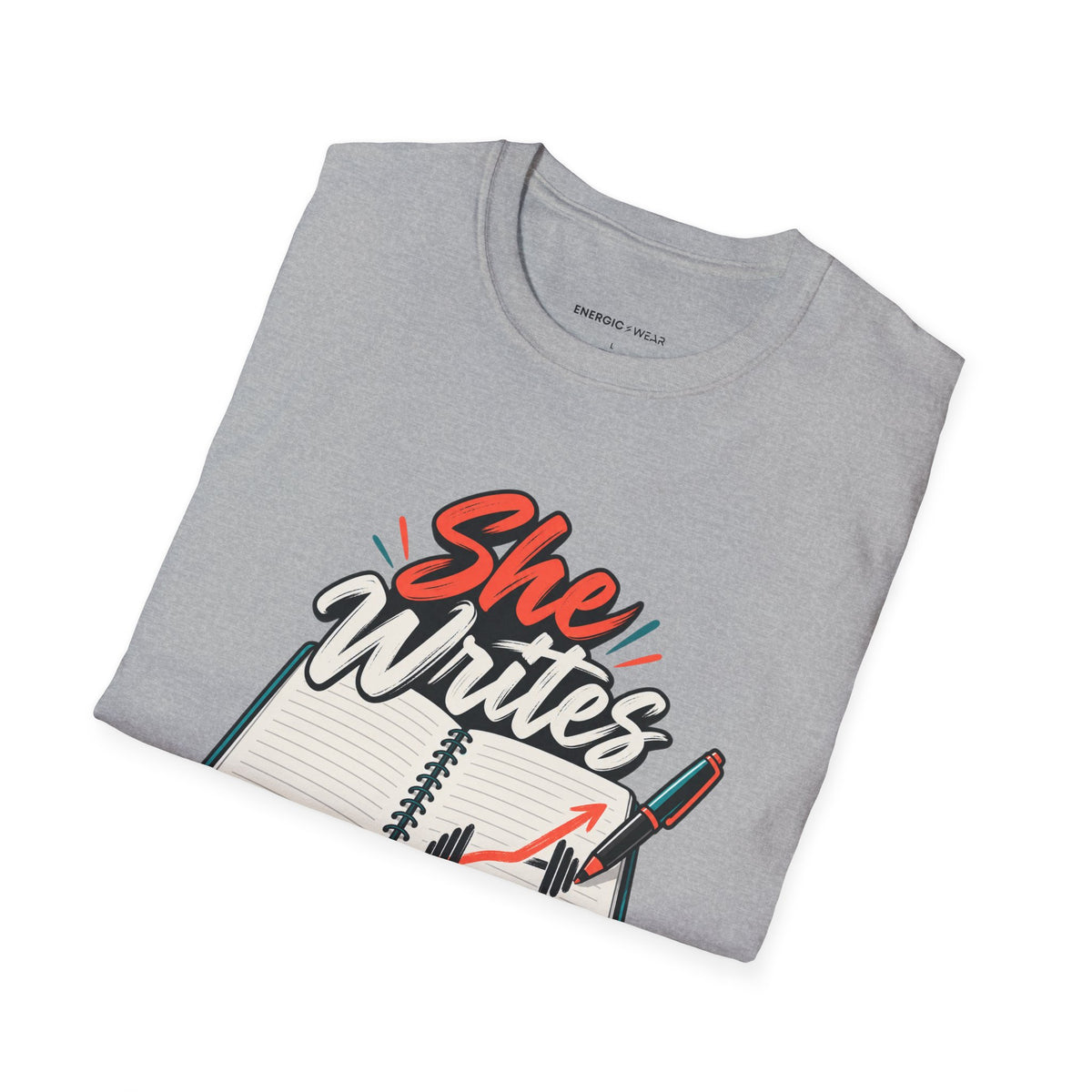 Graphic fitness T-shirt featuring the "She Writes Her Own Training Notes" design.