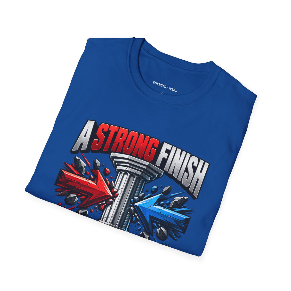 Graphic fitness T-shirt featuring the "A Strong Finish Starts With a Stable Middle" design.