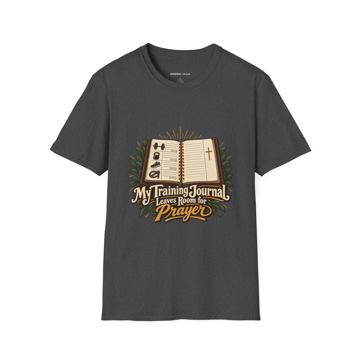 Graphic fitness T-shirt featuring the "My Training Journal Leaves Room for Prayer" design.