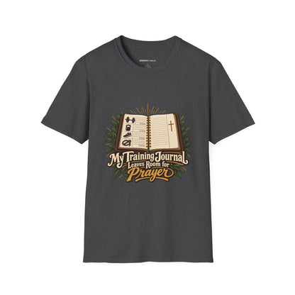 Graphic fitness T-shirt featuring the "My Training Journal Leaves Room for Prayer" design.