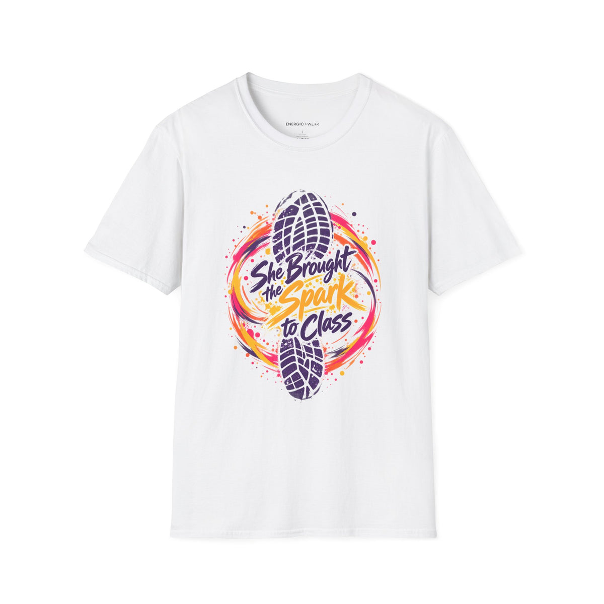 Graphic fitness T-shirt featuring the "She Brought the Spark to Class" design.