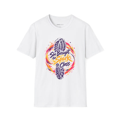 Graphic fitness T-shirt featuring the "She Brought the Spark to Class" design.