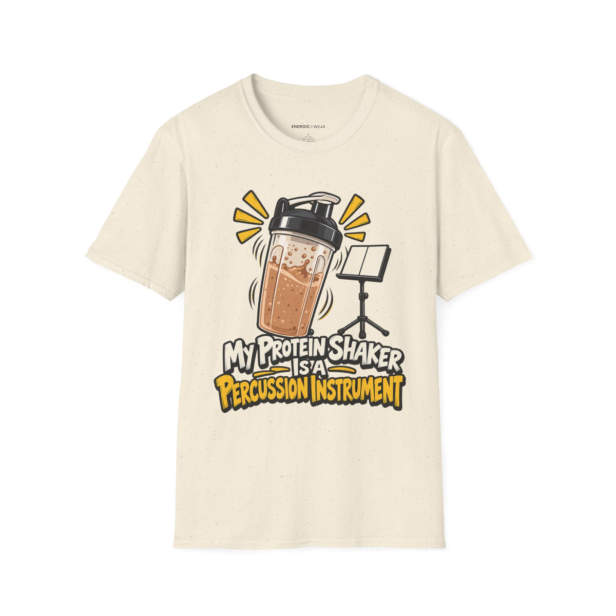 Graphic fitness T-shirt featuring the "My Protein Shaker Is a Percussion Instrument" design.