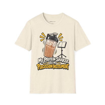 Graphic fitness T-shirt featuring the "My Protein Shaker Is a Percussion Instrument" design.