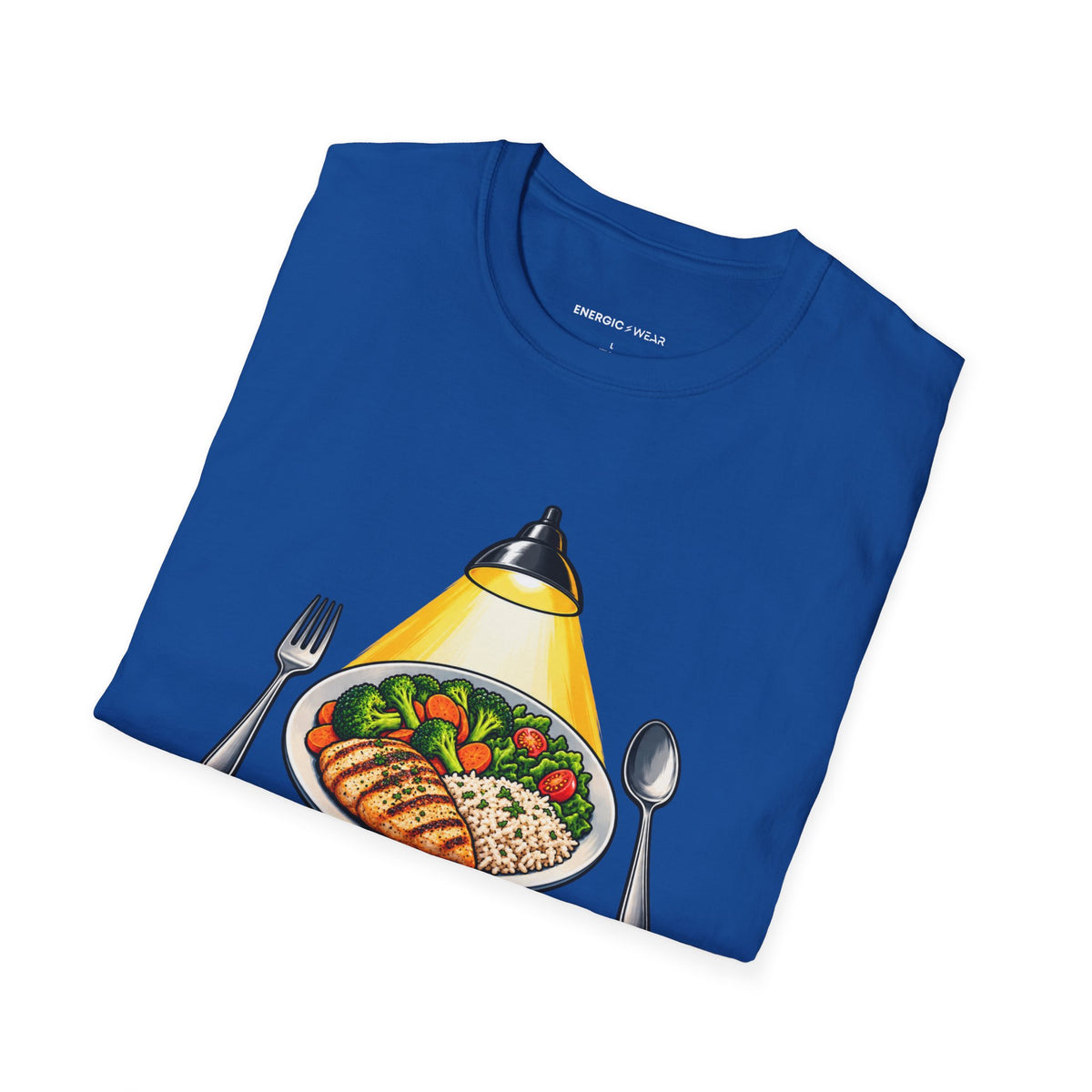Graphic fitness T-shirt featuring the "I Plate My Food with Championship Focus" design.