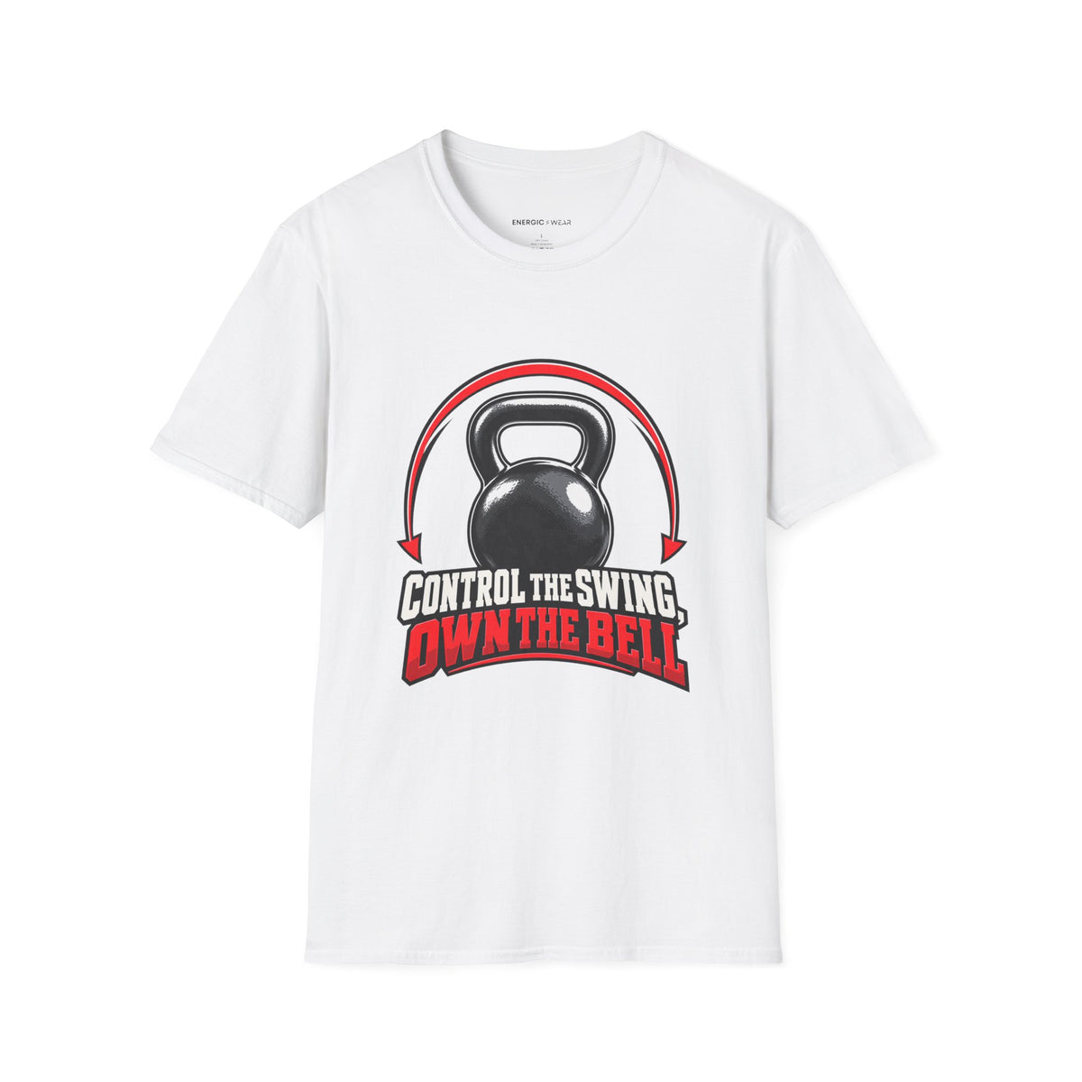 Graphic fitness T-shirt featuring the "Control the Swing Own the Bell" design.