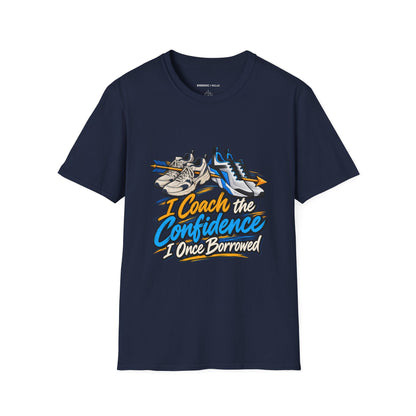 Graphic fitness T-shirt featuring the "I Coach the Confidence I Once Borrowed" design.