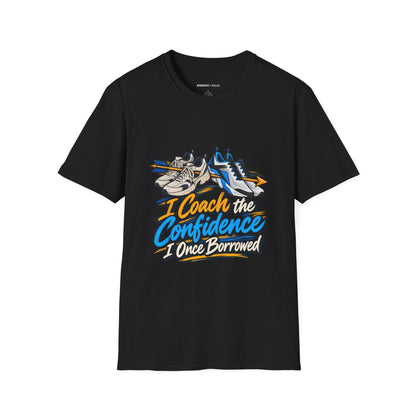 Graphic fitness T-shirt featuring the "I Coach the Confidence I Once Borrowed" design.