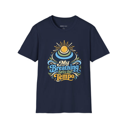 Graphic fitness T-shirt featuring the "My Breathing Sets the Tempo" design.