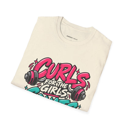 Graphic fitness T-shirt featuring the "Curls for the Girls, Squats for the Thoughts" design.