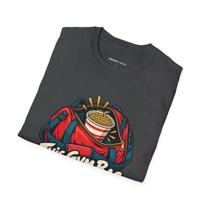 Graphic fitness T-shirt featuring the "This Gym Bag Contains Emergency Noodles" design.