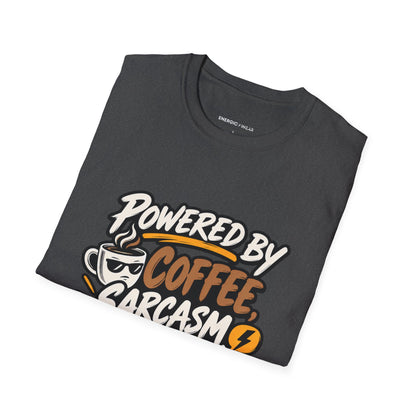 Graphic fitness T-shirt featuring the "Powered by Coffee, Sarcasm and Squats" design.