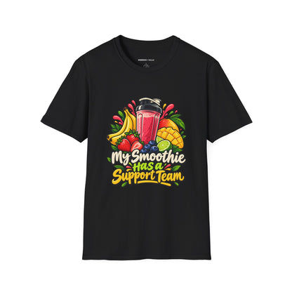 Graphic fitness T-shirt featuring the "My Smoothie Has a Support Team" design.