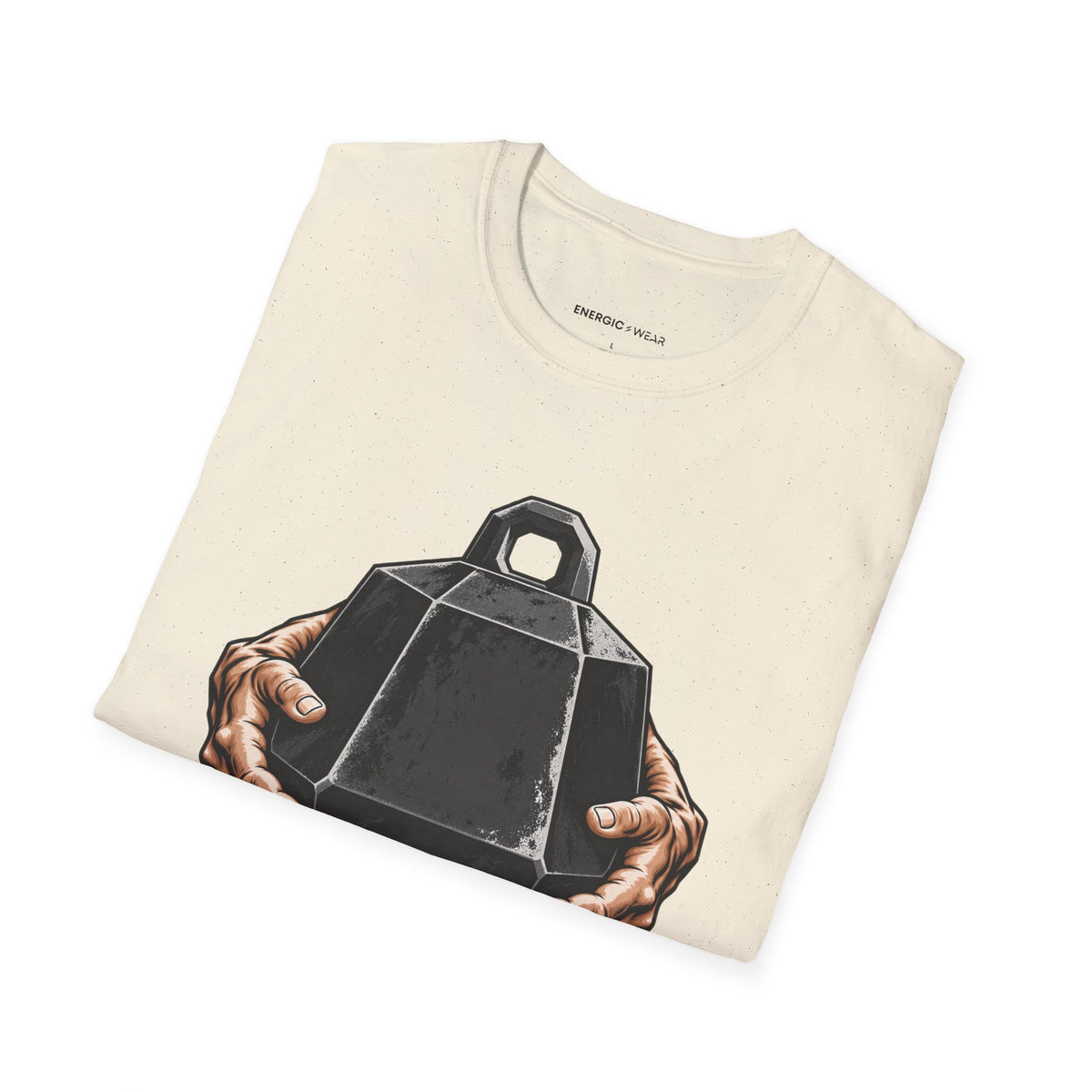 Graphic fitness T-shirt featuring the "Heavy Work, Steady Hands" design.
