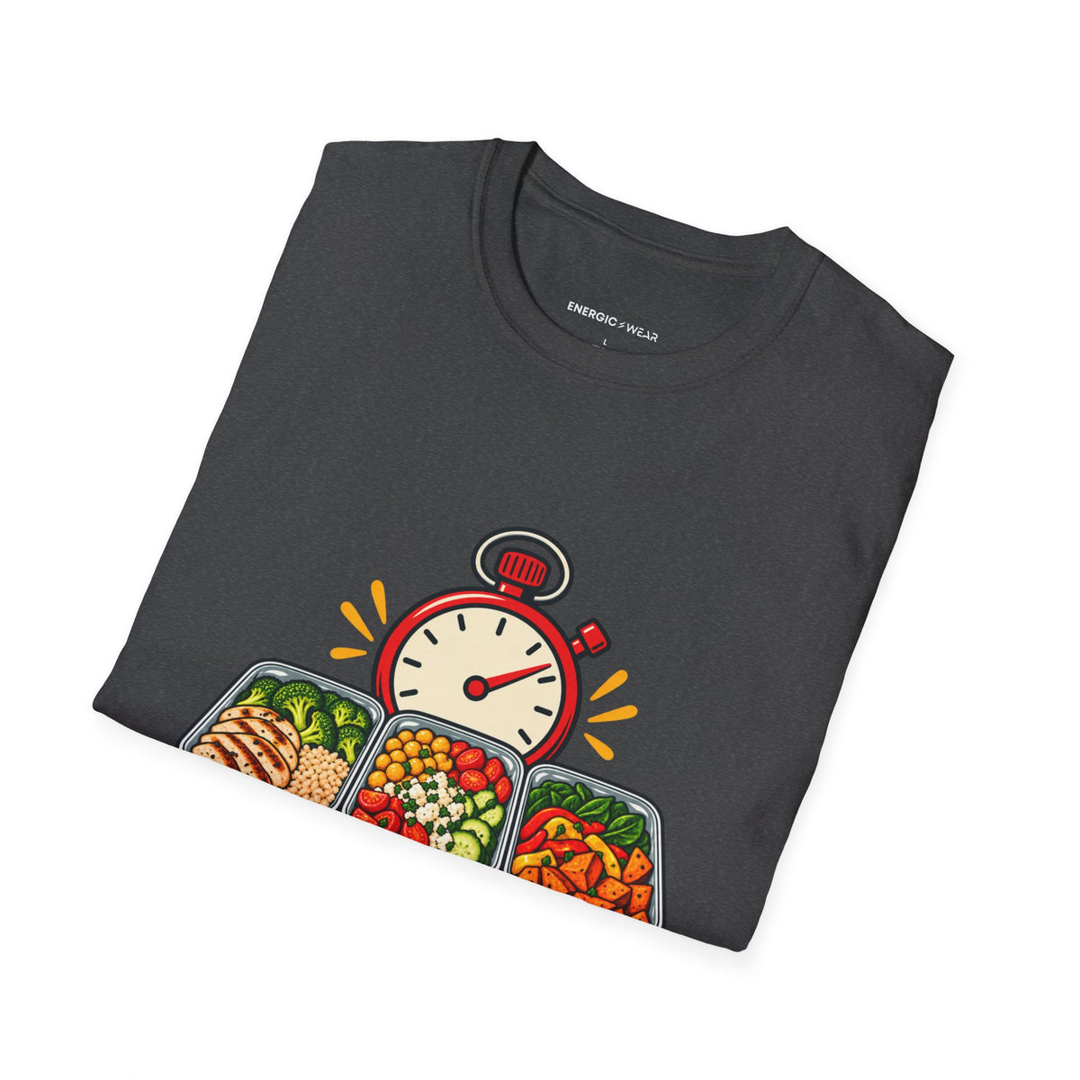 Graphic fitness T-shirt featuring the "I Batch-Cook with a Stopwatch" design.