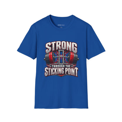Graphic fitness T-shirt featuring the "Strong Through the Sticking Point" design.