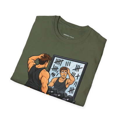 Graphic fitness T-shirt featuring the "The Mirror Caught Me Counting Wrong" design.