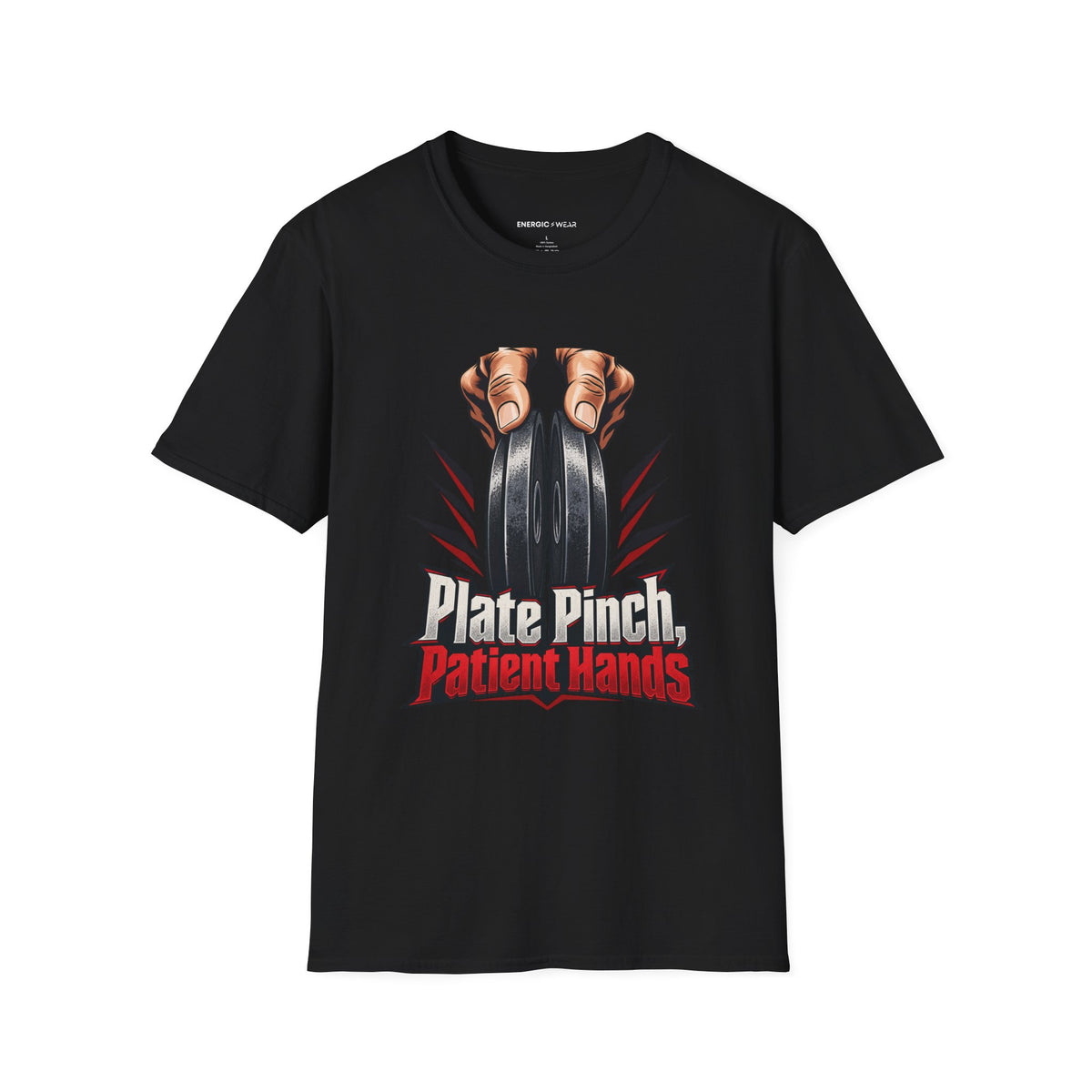 Graphic fitness T-shirt featuring the "Plate Pinch, Patient Hands" design.