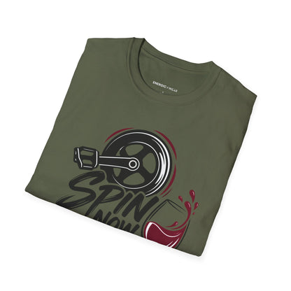 Graphic fitness T-shirt featuring the "Spin Now, Wine Later" design.