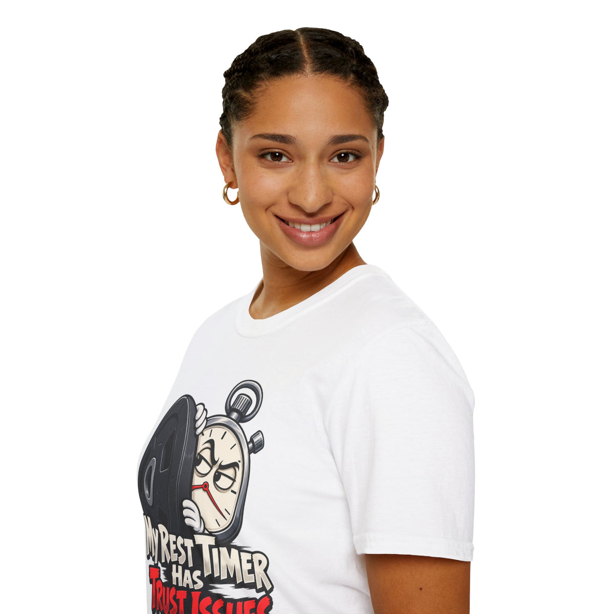 Graphic fitness T-shirt featuring the "My Rest Timer Has Trust Issues" design.