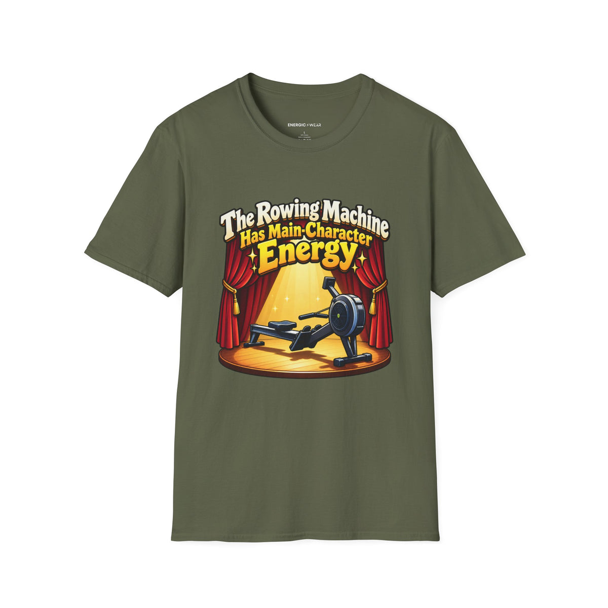 Graphic fitness T-shirt featuring the "The Rowing Machine Has Main-Character Energy" design.
