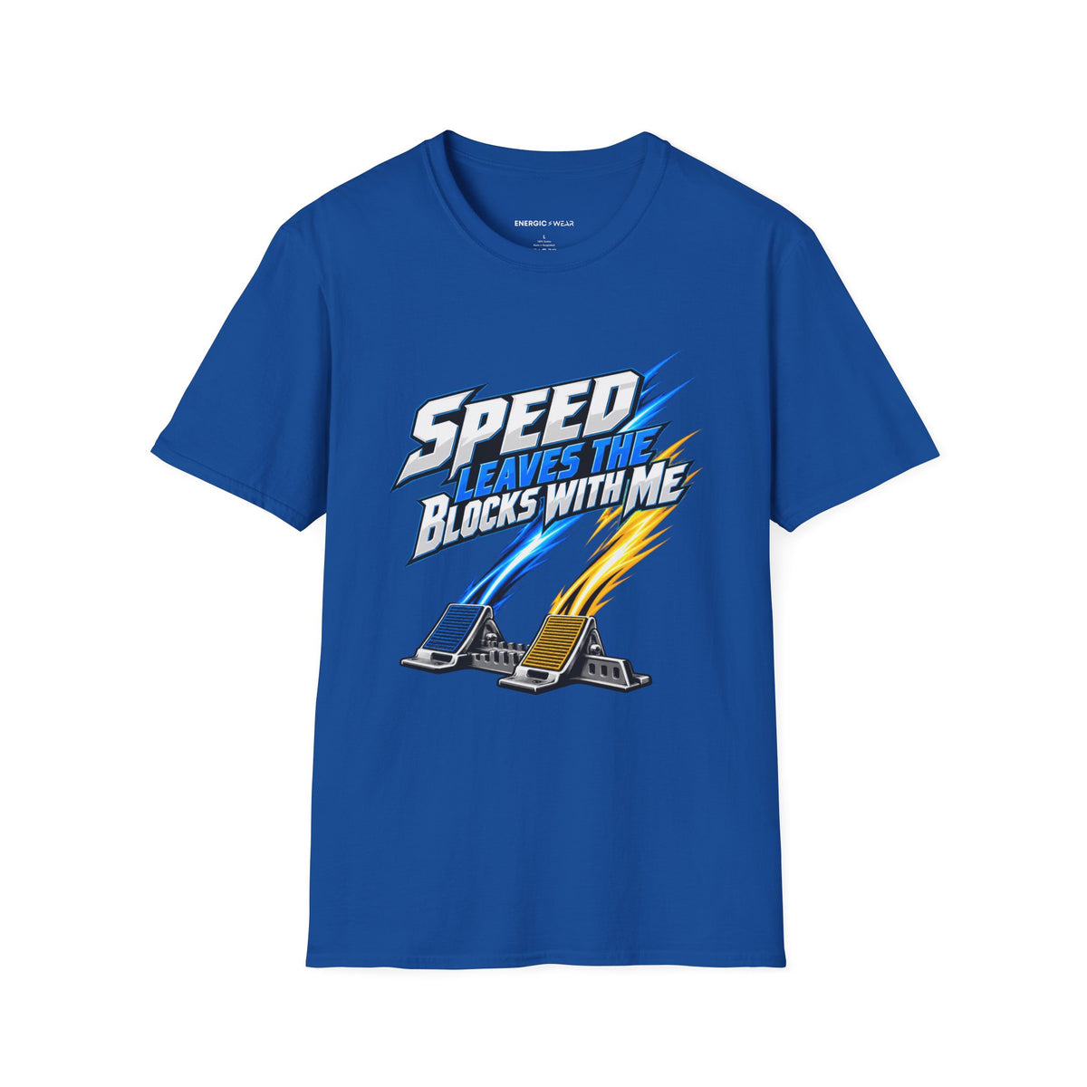 Graphic fitness T-shirt featuring the "Speed Leaves the Blocks with Me" design.