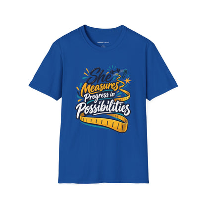 Graphic fitness T-shirt featuring the "She Measures Progress in Possibilities" design.