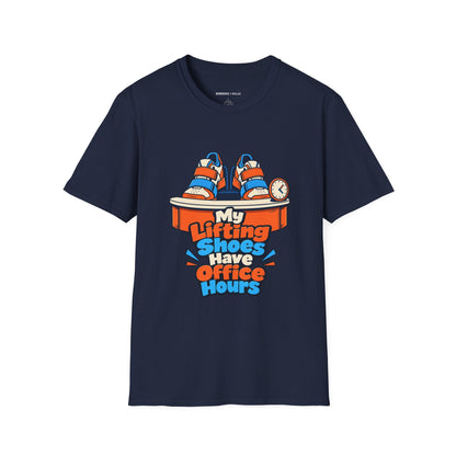 Graphic fitness T-shirt featuring the "My Lifting Shoes Have Office Hours" design.