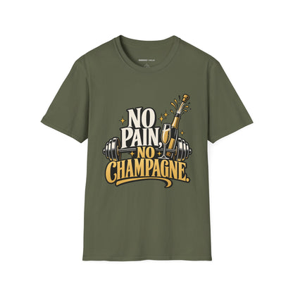 Graphic fitness T-shirt featuring the "No Pain, No Champagne" design.