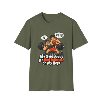 Graphic fitness T-shirt featuring the "My Gym Buddy Is a Bad Influence on My Reps" design.