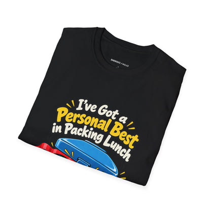 Graphic fitness T-shirt featuring the "I've Got a Personal Best in Packing Lunch" design.