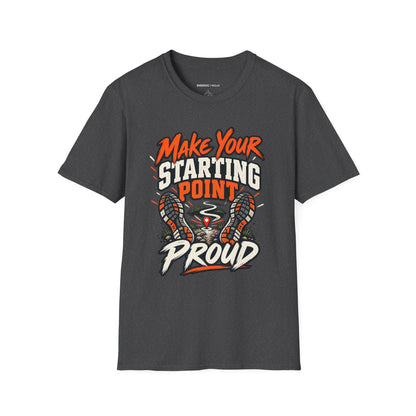 Graphic fitness T-shirt featuring the "Make Your Starting Point Proud" design.
