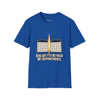 Graphic fitness T-shirt featuring the "Sunlight Fits Between My Appointments" design.