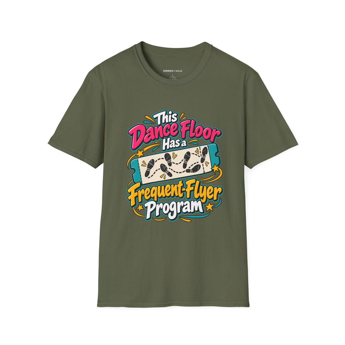 Graphic fitness T-shirt featuring the "This Dance Floor Has a Frequent-Flyer Program" design.