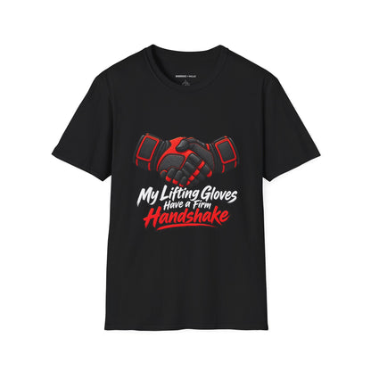 Graphic fitness T-shirt featuring the "My Lifting Gloves Have a Firm Handshake" design.