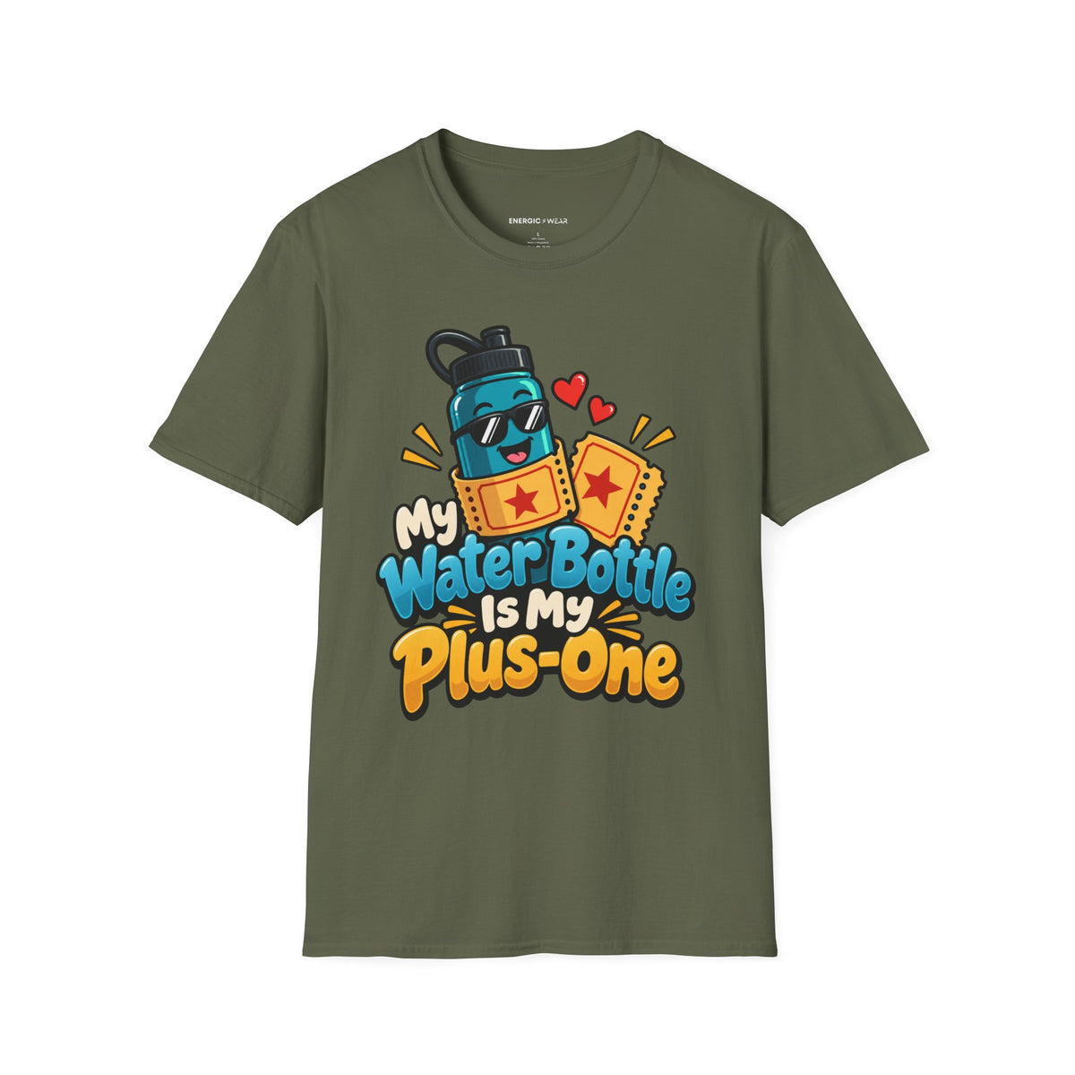 Graphic fitness T-shirt featuring the "My Water Bottle Is My Plus-One" design.