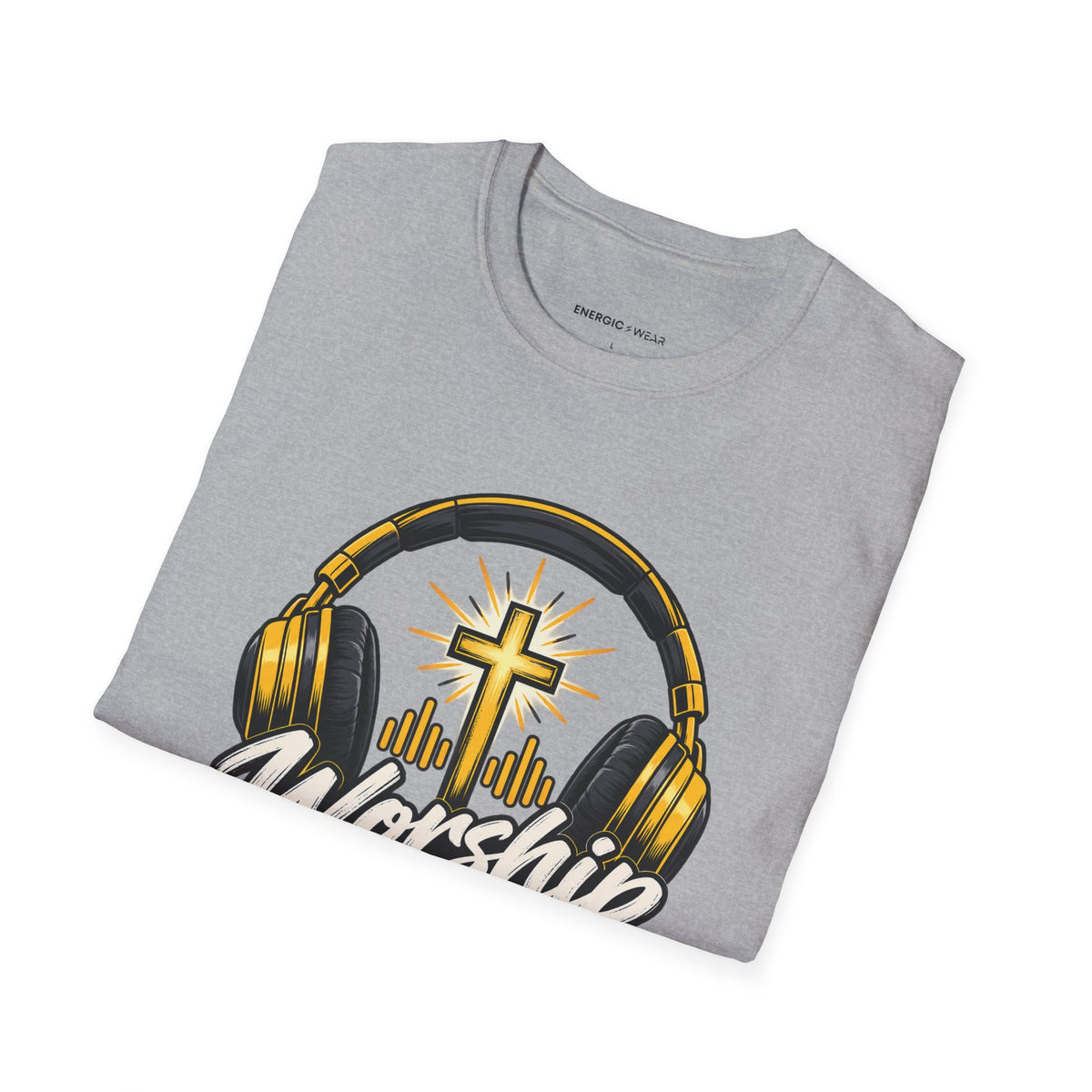 Graphic fitness T-shirt featuring the "Worship Has a Place on My Playlist" design.