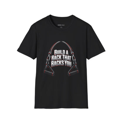 Graphic fitness T-shirt featuring the "Build a Back That Backs You" design.