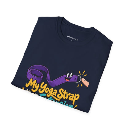 Graphic fitness T-shirt featuring the "My Yoga Strap Is an Extension of My Optimism" design.