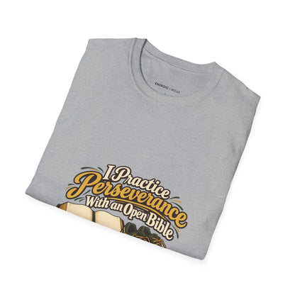Graphic fitness T-shirt featuring the "I Practice Perseverance with an Open Bible" design.