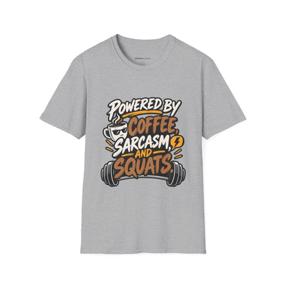 Graphic fitness T-shirt featuring the "Powered by Coffee, Sarcasm and Squats" design.