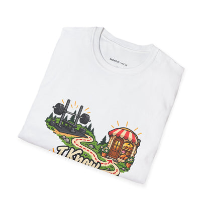 Graphic fitness T-shirt featuring the "I Know My Way Around a Bar and a Bakery" design.